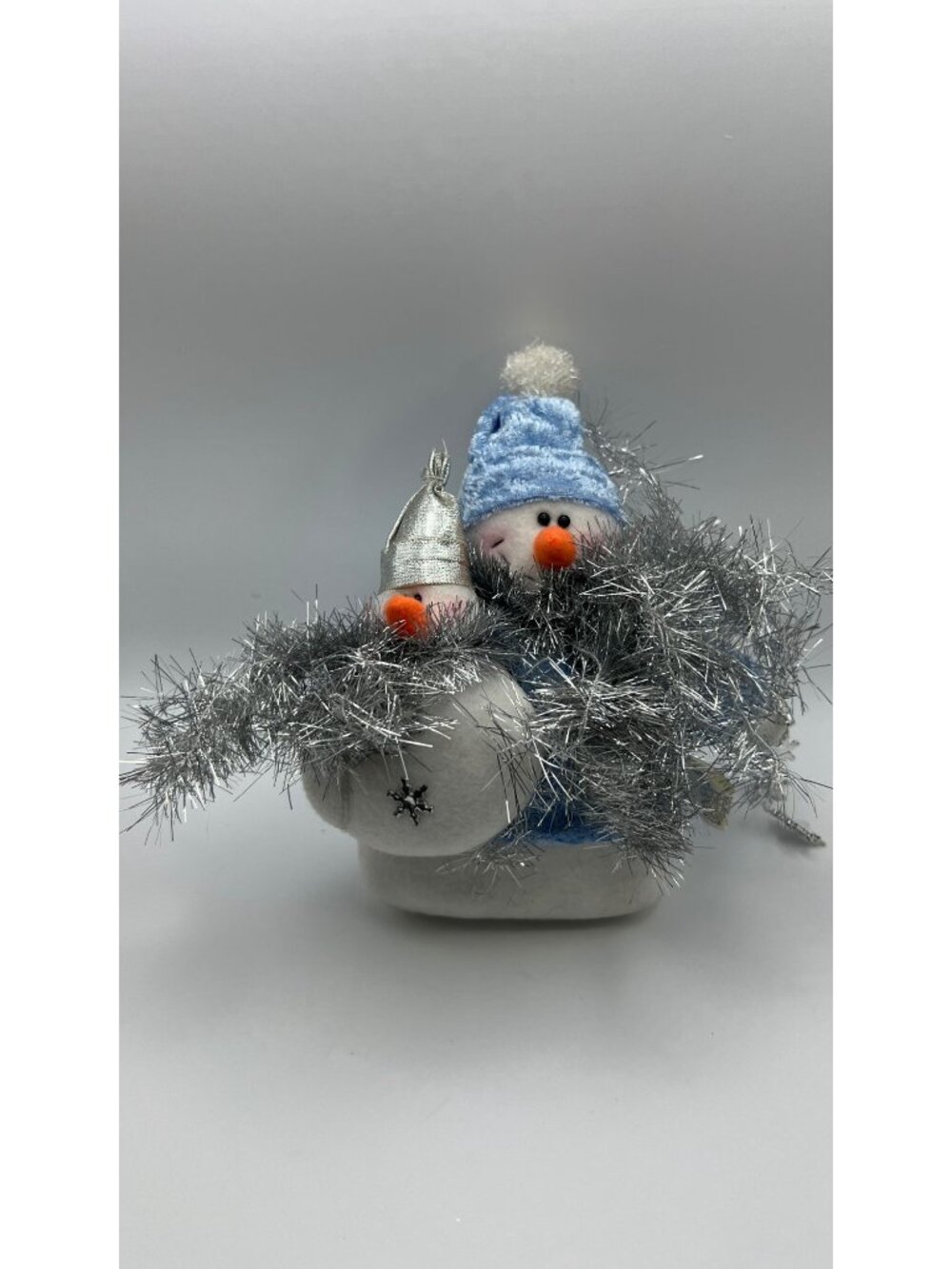 Snowman Figurine With Blue Hat & Tinsel Winter Decor